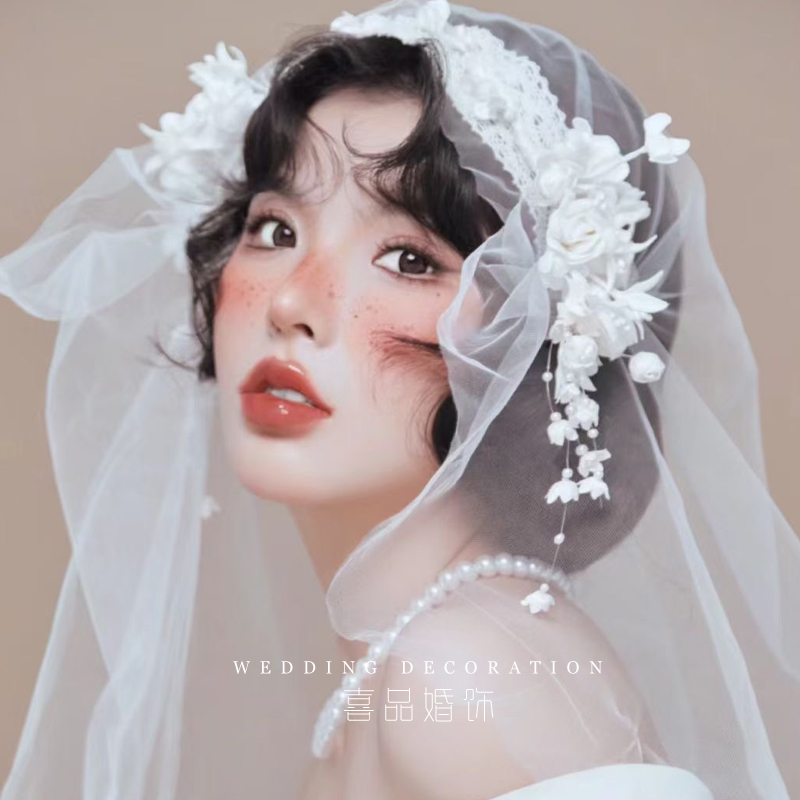 喜品新款韩式新娘婚纱头纱头饰超仙复古结婚帽式花包蕾丝拍照配饰