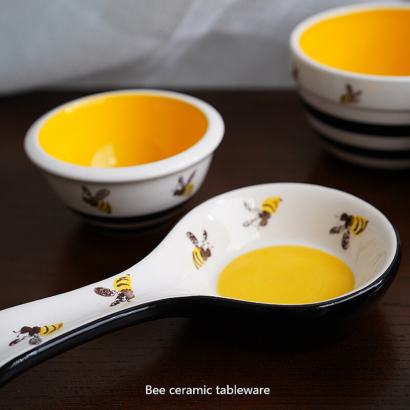 。可爱手绘插画风格蜜蜂图案陶瓷大小碗勺托面碗点心碗米饭碗沙拉