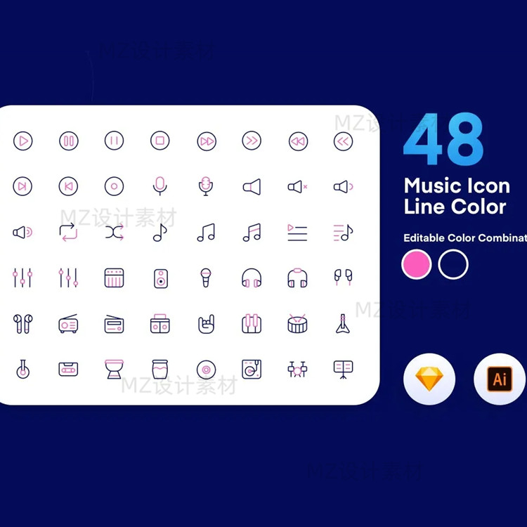 线性视频音乐app播放器UI程序sketch按键图标icon设计AI矢量素材