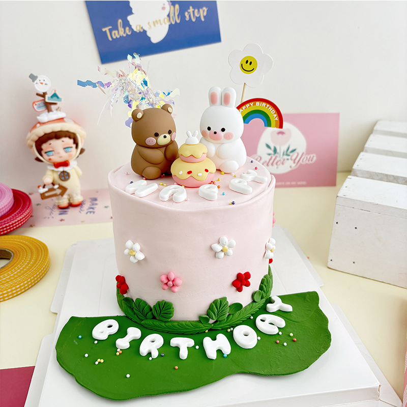 网红ins风小熊小兔蛋糕胖胖熊和胖胖兔儿童生日蛋糕装饰可爱摆件