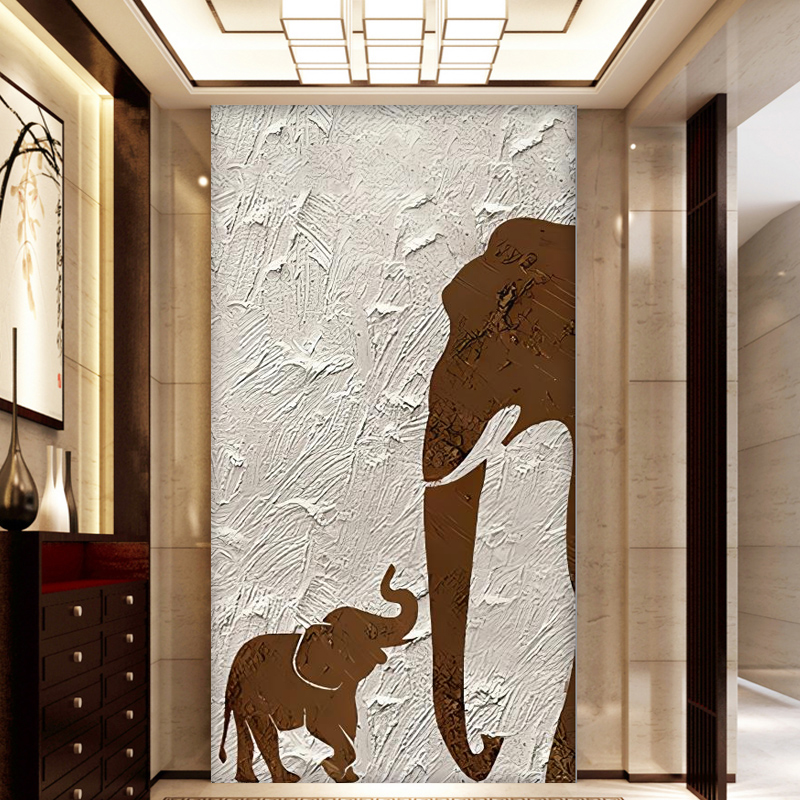 简约现代北欧手绘装饰背景墙壁纸壁画墙纸侘寂风客厅高端竖版大象
