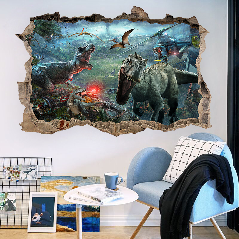 3D仿真侏罗纪公园恐龙墙贴装饰品 卧室壁纸贴画 自粘男孩房间贴纸