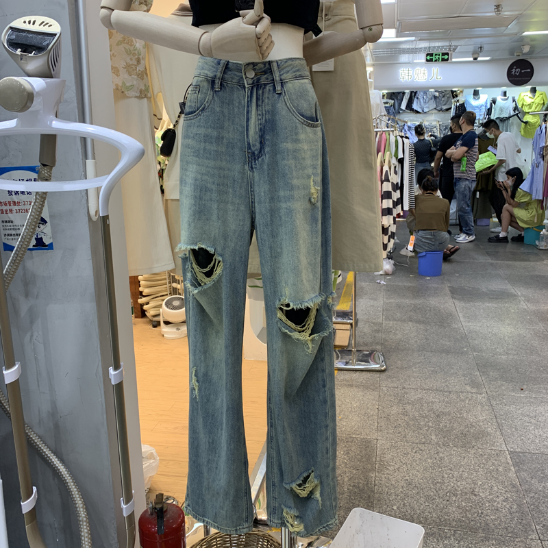 2024年韩国东大门韩版夏季通勤新款高腰潮流个性破洞直筒牛仔裤女