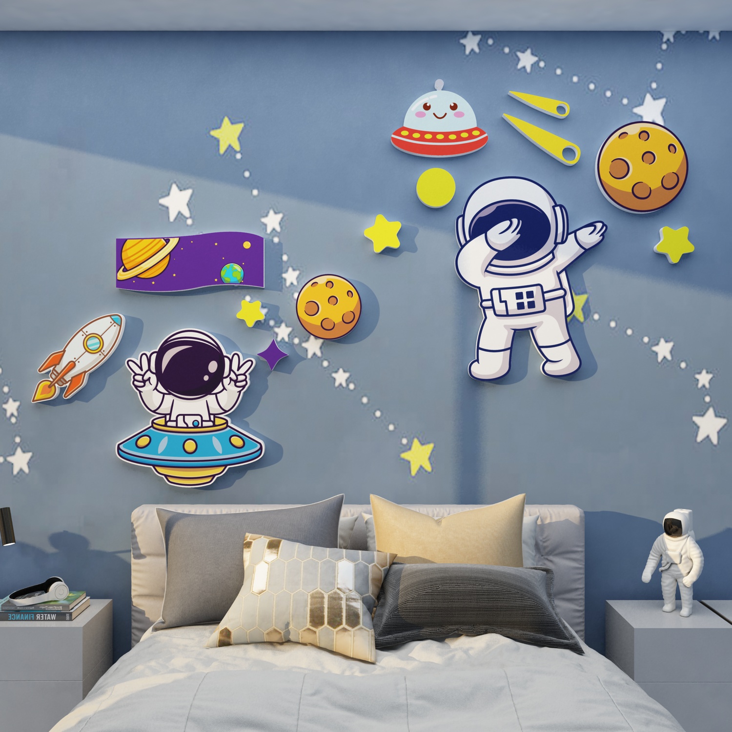 太空人主题卡通贴壁画儿童房间布置男孩卧室床头背景墙面装饰网m