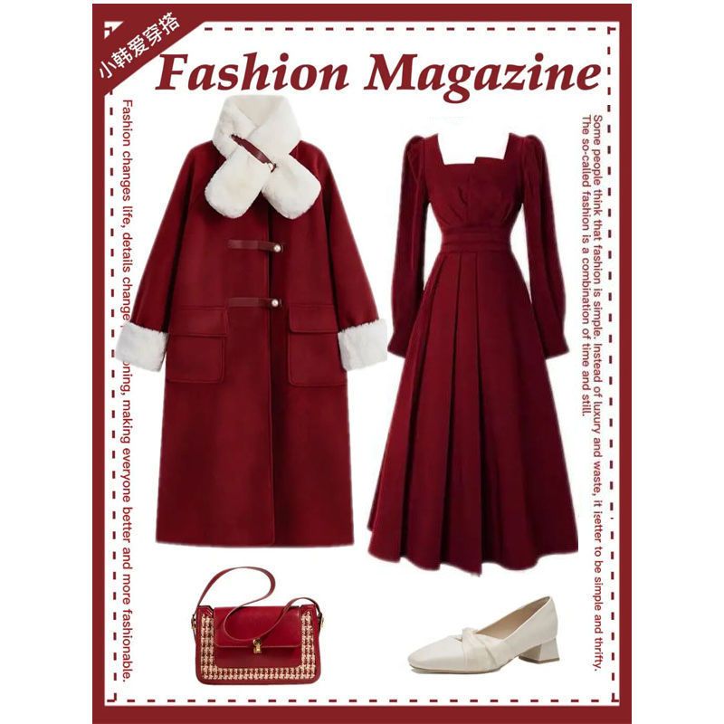 新年裙子套装女装2023新款冬装高级感搭配一整套过年红色大衣外套