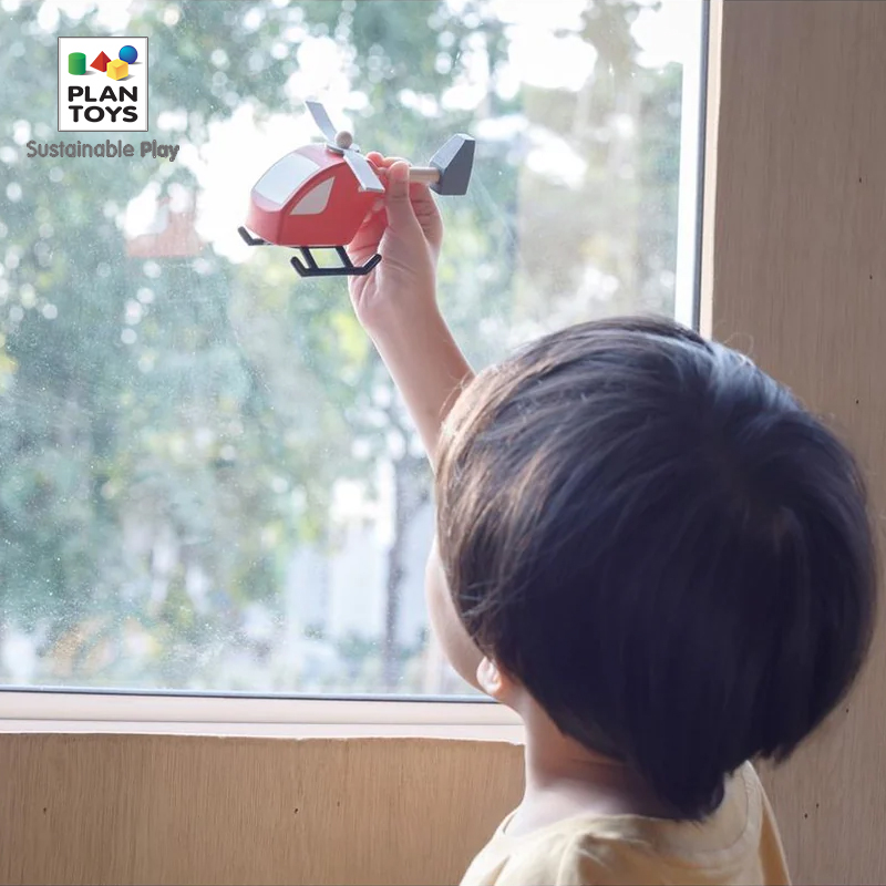 plantoys红色直升机6287 宝宝玩具飞机模型进口木质男孩女孩礼物