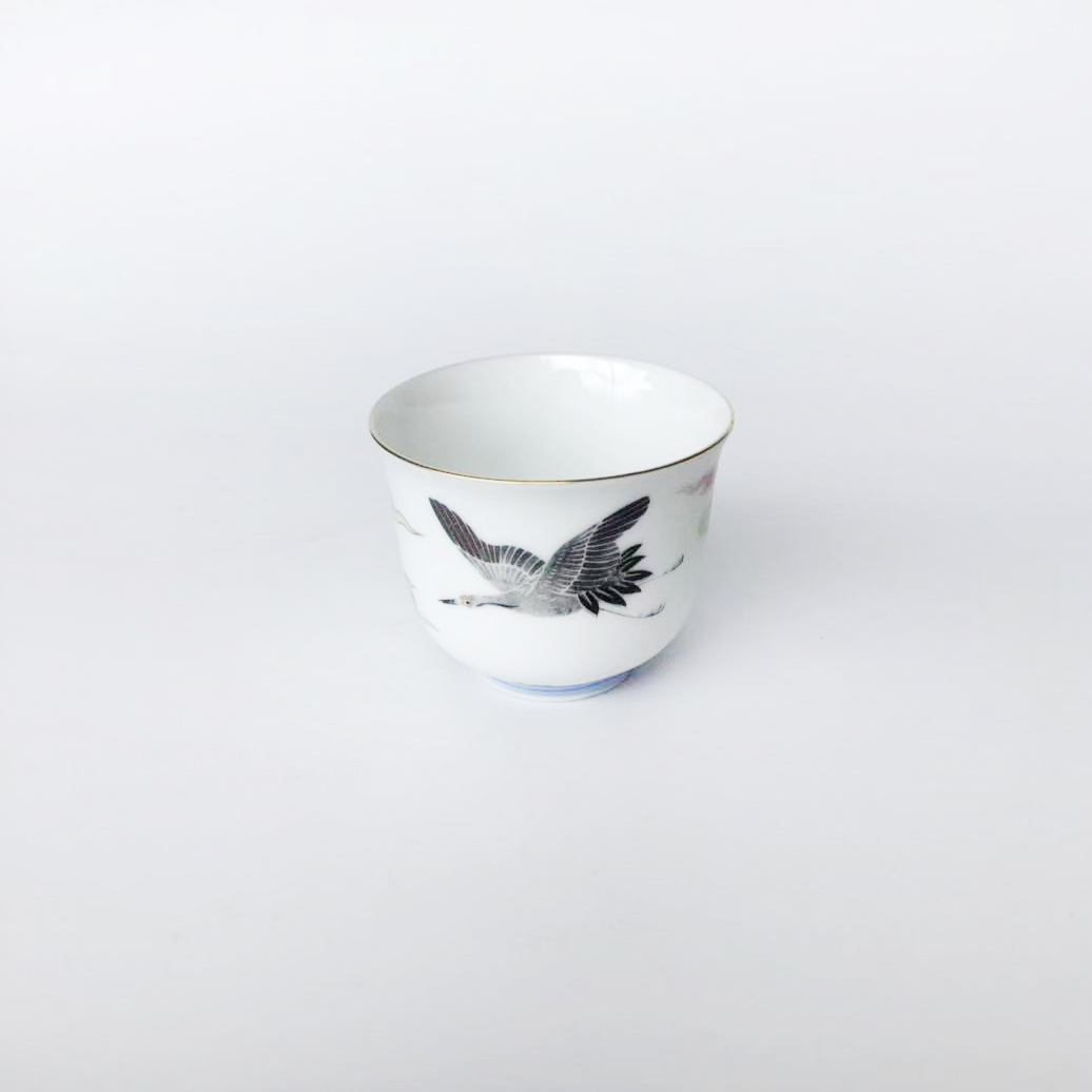 日本回流老深川制纪念杯鹤纹祥云80年代品中古老物件小茶杯金鹤