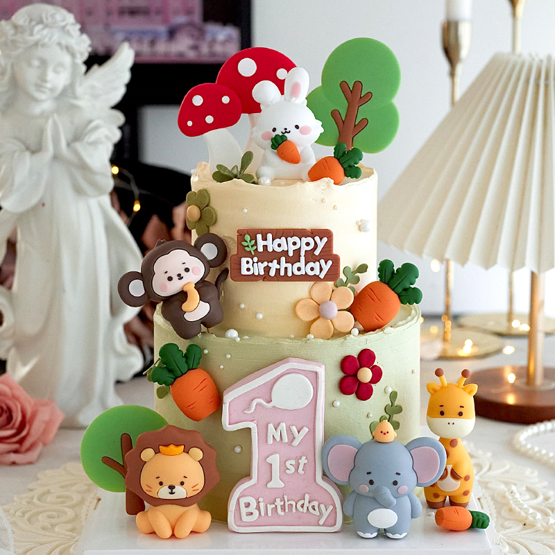 儿童宝宝1周岁蛋糕装饰可爱小动物狮子小兔子摆件卡通生日装扮