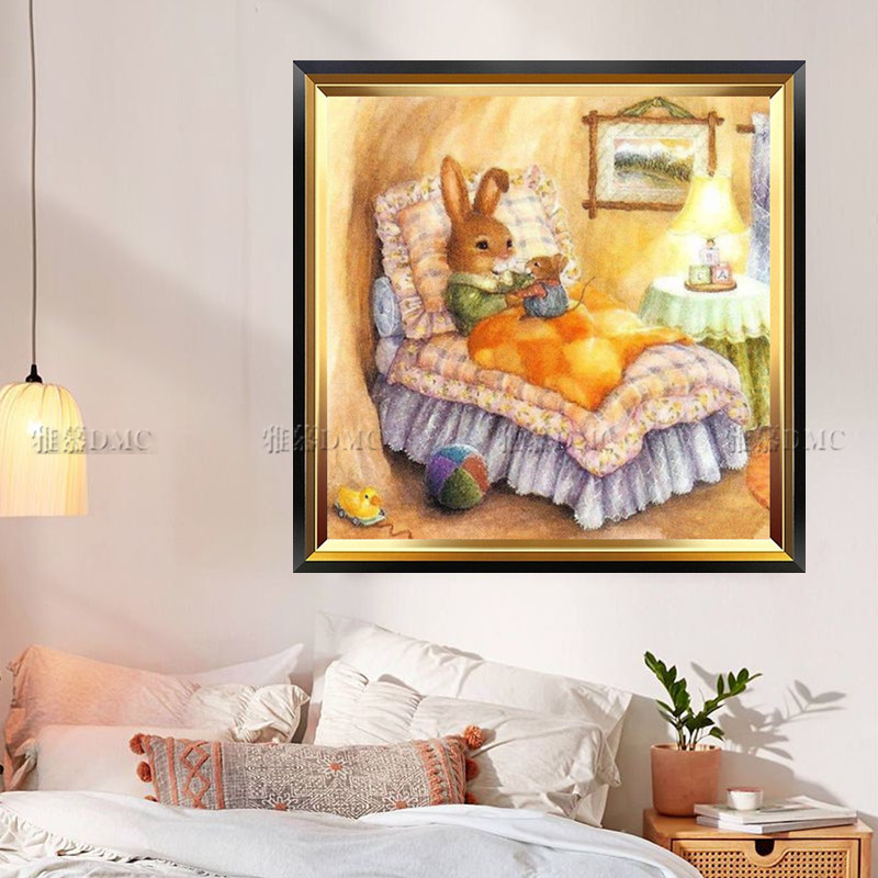 印花正品DMC十字绣儿童房油画卡通温馨兔子彼得兔之听妈妈讲故事