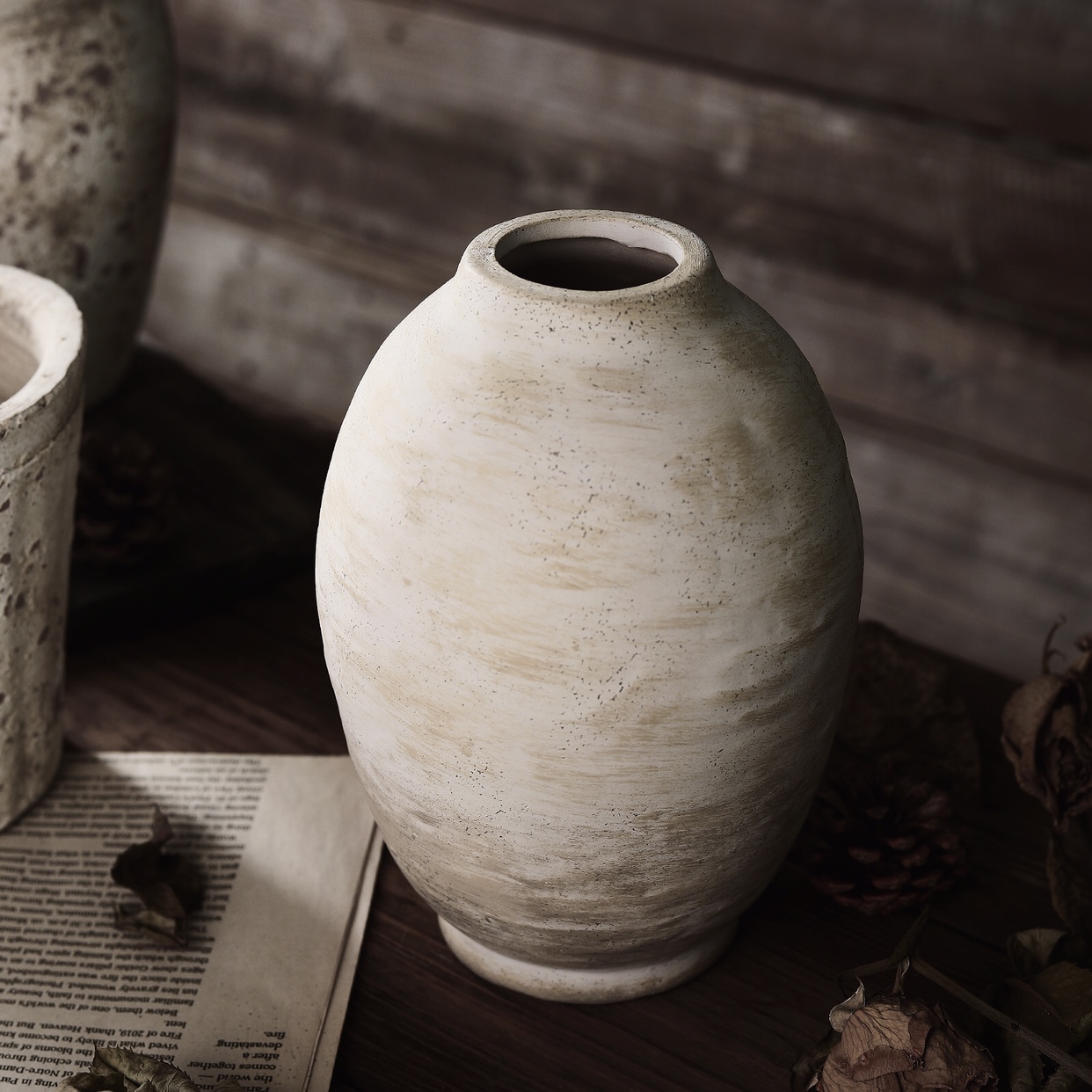 复古粗陶花瓶 古典手绘陶罐  干花花插客厅摆件陶瓷花瓶