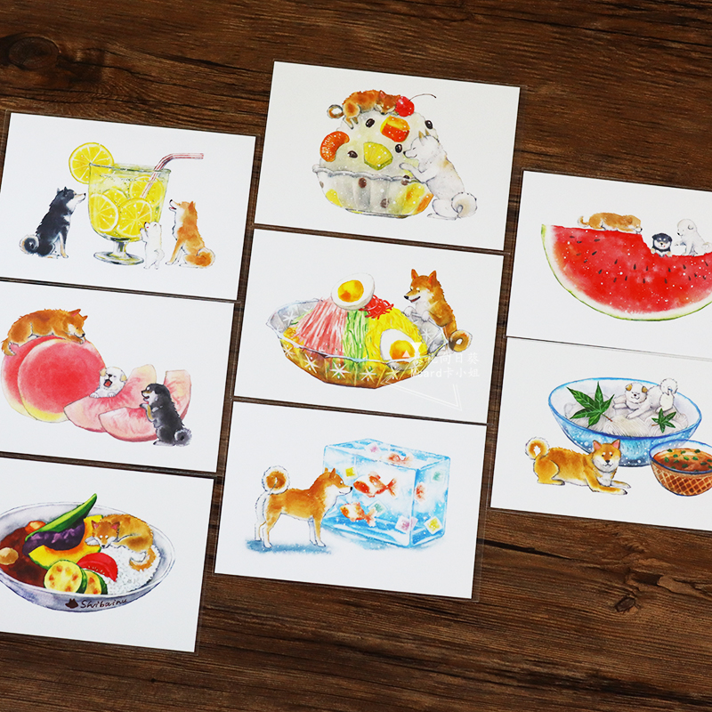 日本制夏日柴犬冰镇甜品明信片沙冰清凉文艺万用礼物手写祝福卡片