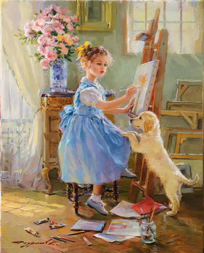 客厅玄关装饰画可爱小画家儿童与宠物狗 油画布人物画芯喷绘G15