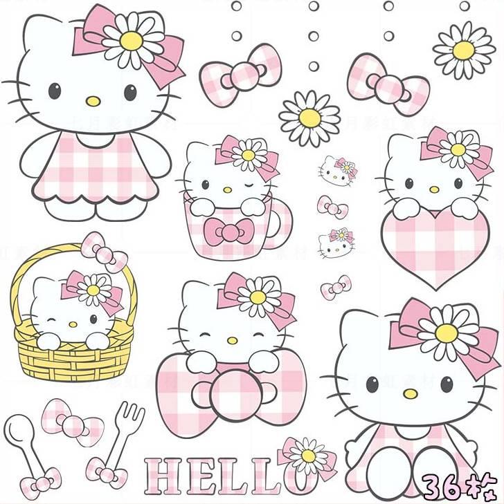 可爱卡通粉色格子hello kitty凯蒂猫贴纸贴图PNG免抠透明设计素材