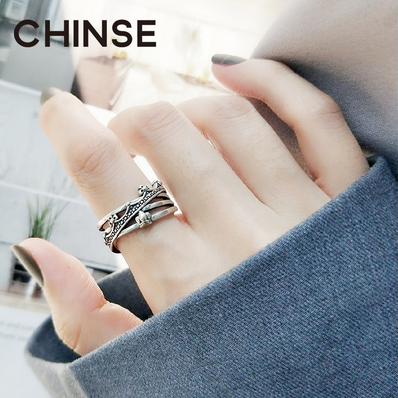 戒指女时尚个性韩版 食指纯银