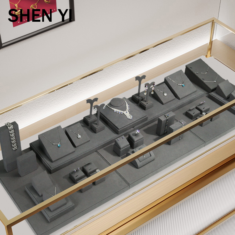 SHENYI珠宝道具灰色超纤柜台展示套装项链戒指饰品收纳陈列展示架