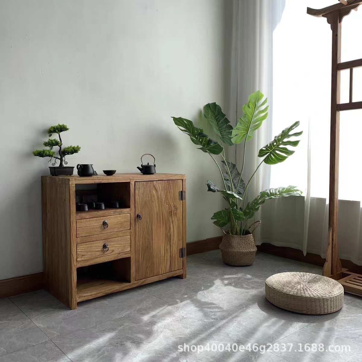 新中式风化纹理复古实木茶水柜家用办公室老榆木餐边储物柜客厅