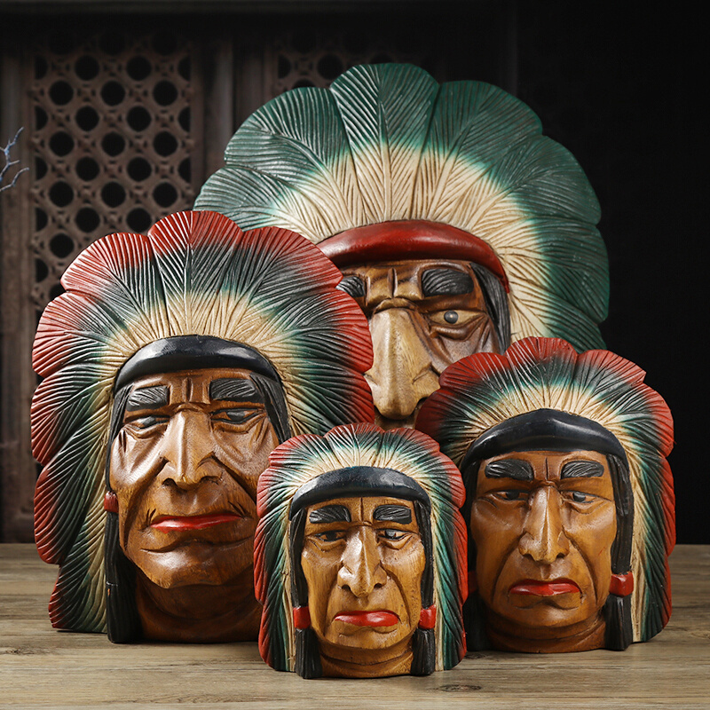 木雕印第安酋长摆件泰国工艺品木质人物壁挂摆件桌面装饰脸谱摆设