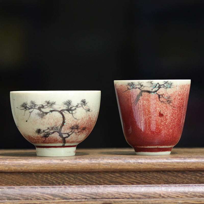 亦紫陶窑变手绘中式茶杯郎红釉茶碗陶瓷茶盏霁红小茶碗品茗聚香杯