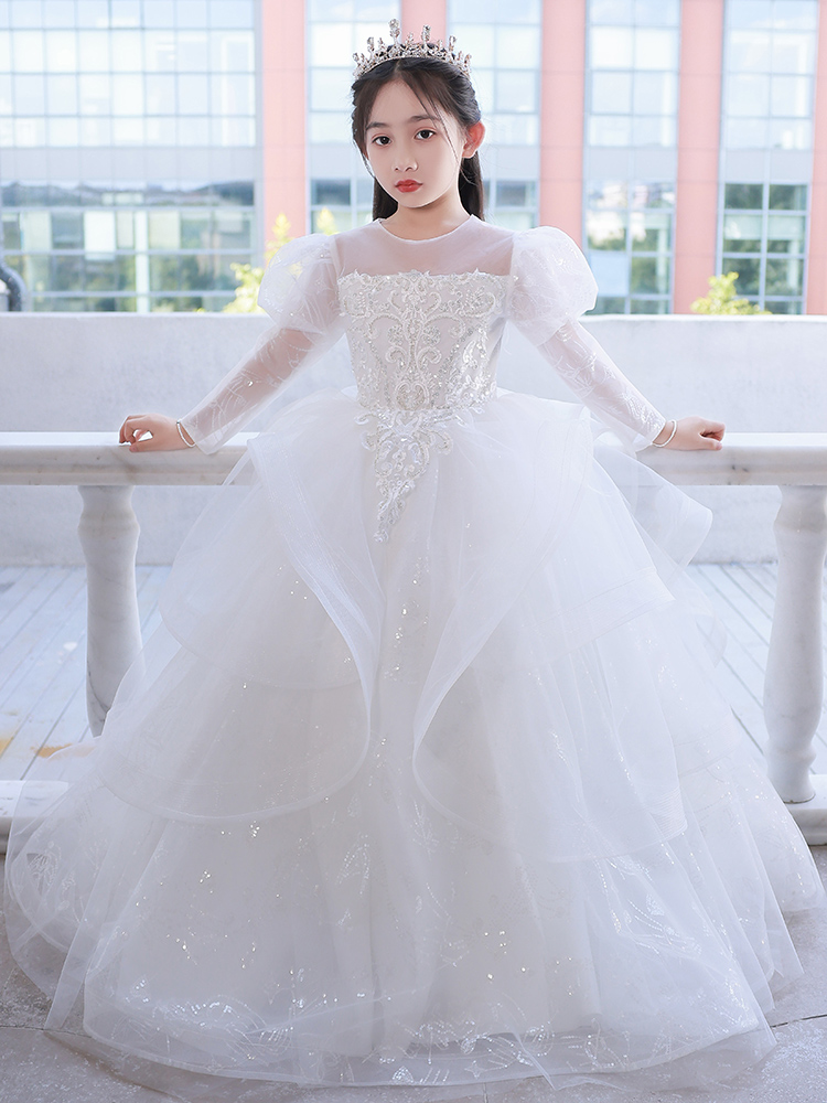 女童高端礼服公主裙冬天儿童主持人白色花童婚礼小女孩钢琴演出服