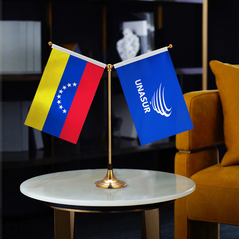 南美洲国家联盟UNASUR+委内瑞拉国旗 Y型双杆钛金桌旗 贡缎旗面