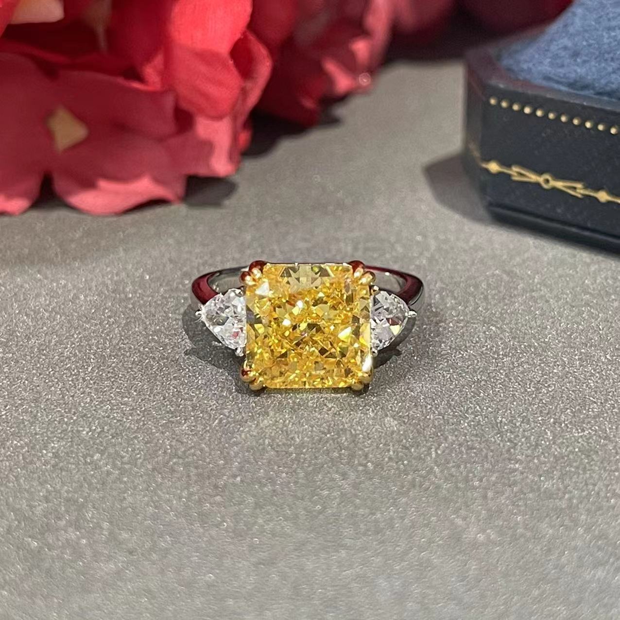 冰花切高级感彩宝戒指s925纯银5克拉培育高碳钻奢华彩色黄钻戒指