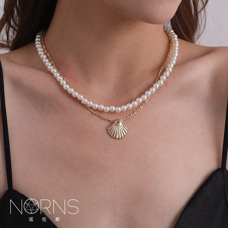 Norns波西米亚民族风珍珠金属贝壳扇贝双层两层多层次项链锁骨链
