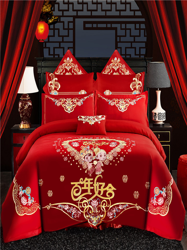 婚床结婚婚庆四件套大红凤新件套品刺绣中式床上用品龙六八十被套