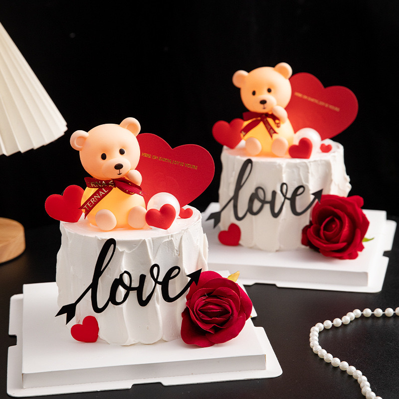 520情人节快乐蛋糕装饰发光小熊love爱心玫瑰可爱卡片表白纪念日