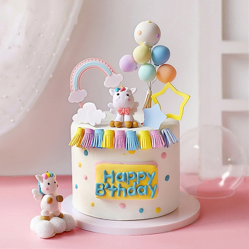 烘焙蛋糕装饰独角兽女孩玩偶摆件彩色流苏波点气球串生日派对甜品