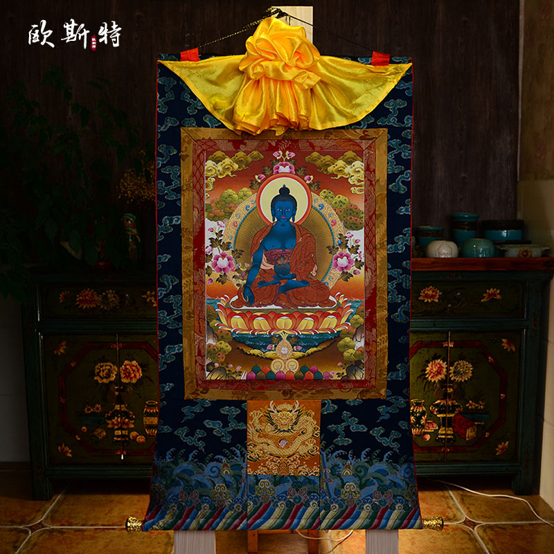 药师佛唐卡 尼泊尔棉布西藏天然矿物颜料客厅玄关家居装饰画挂画