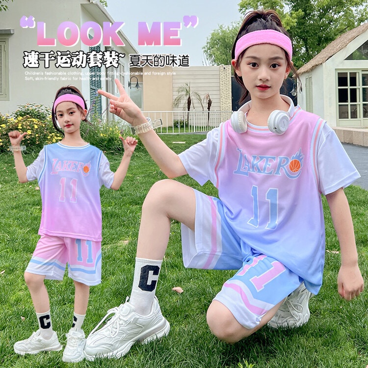 女童篮球服速干粉色球衣夏季短袖小学生队服女孩运动宽松11号球服