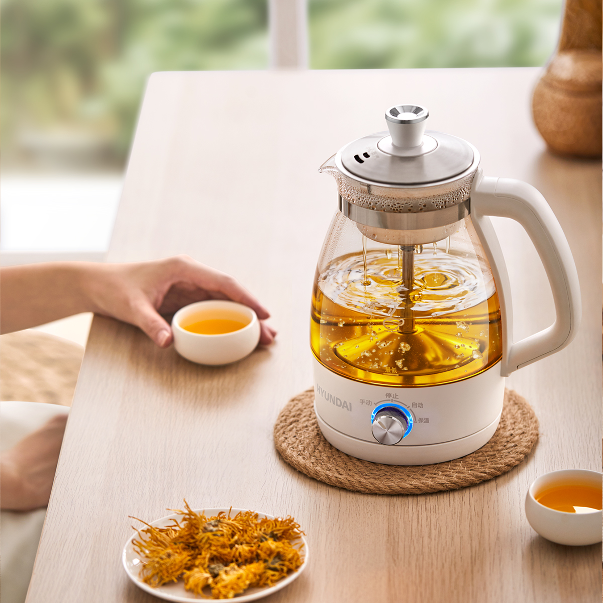 韩国HYUNDAI 养生壶煮茶器逆流式蒸汽喷淋蒸茶壶玻璃电水壶保温