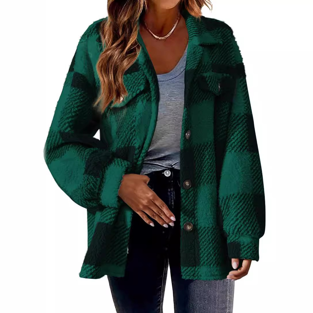 Womens autumn plaid sherpa jacket with pockets button