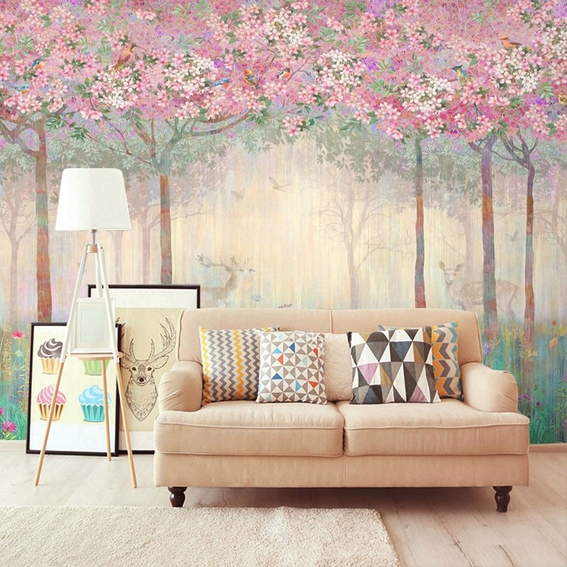 网红樱花树壁纸北欧森林系粉色树林墙布植物少女卧室床头背景墙纸