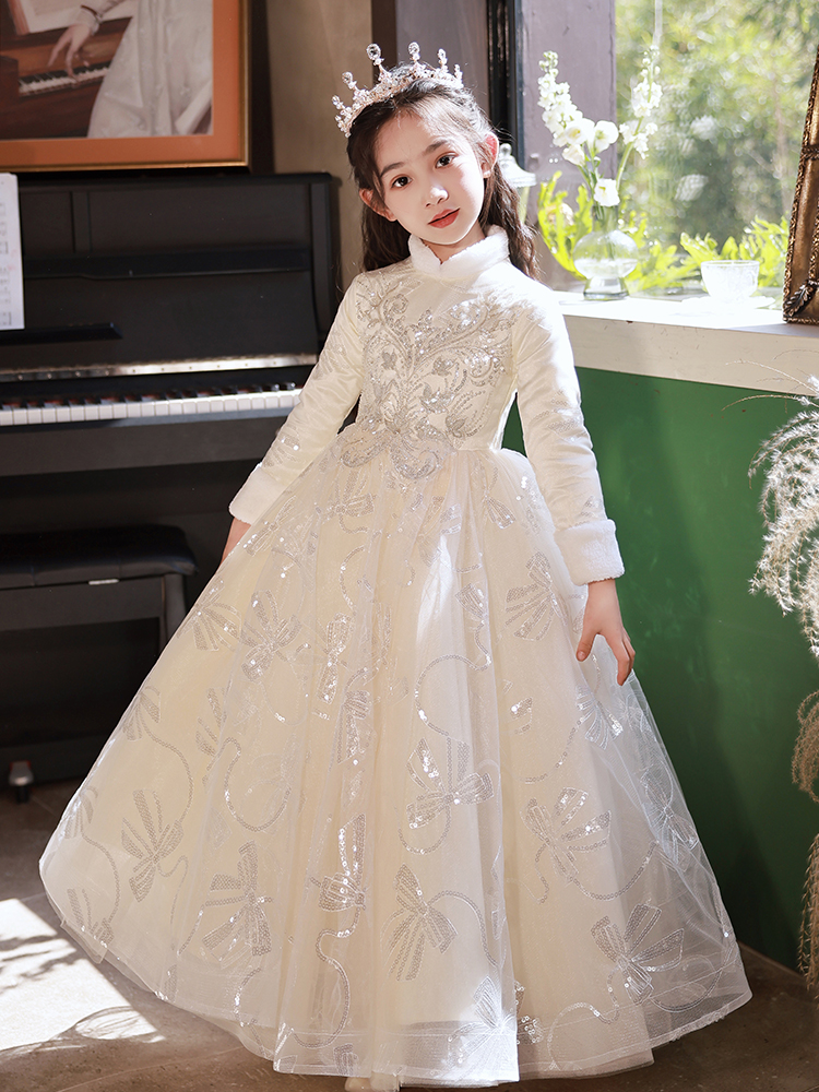 高端轻奢小众儿童礼服冬天加绒加厚女孩花童婚礼公主裙钢琴演出服