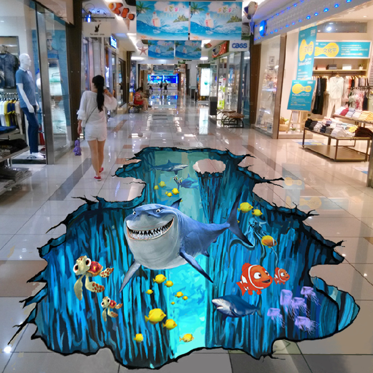 3D魔幻错觉立体地板贴画膜胶砖艺术壁纸三维墙绘设计海洋圆井鲨鱼