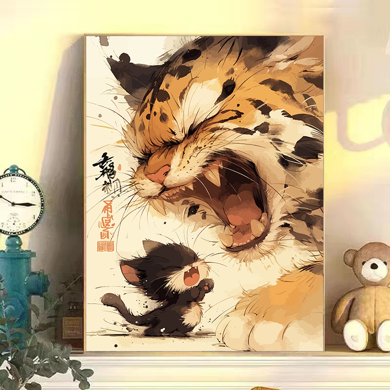 国潮老虎和猫咪数字油画填充涂鸦手工diy打发时间填色油彩装饰画