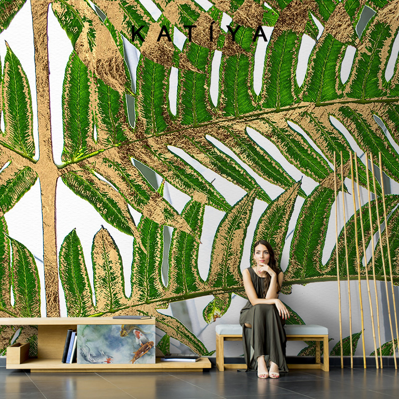 Katiya美式手绘绿色树叶壁画网红客厅电视背景墙壁纸无缝沙发墙纸