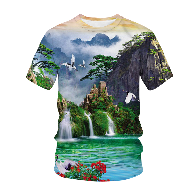 夏季新款男3D印花风景山川河流瀑布宽松大码冰丝短袖速干T恤半袖