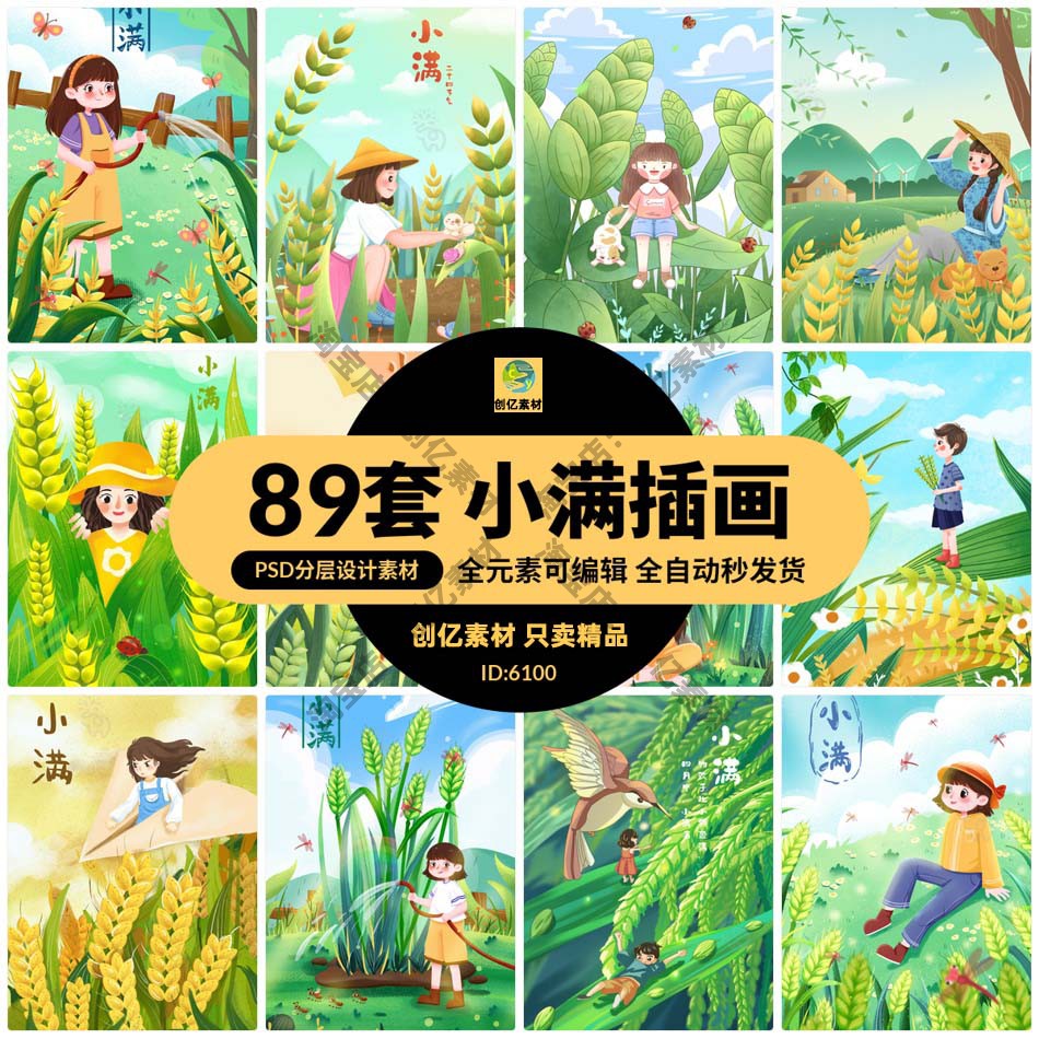 卡通24二十四节气小满中国传统节日宣传插画海报背景PSD设计素材