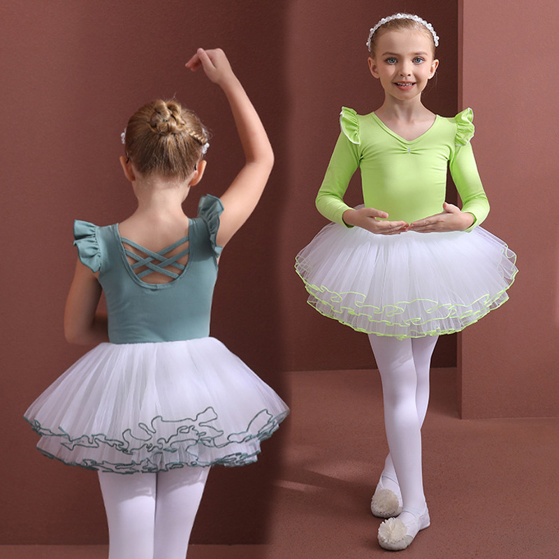 儿童舞蹈服绿色长袖女童练功服棉幼儿芭蕾舞裙考级艺考中国跳舞衣