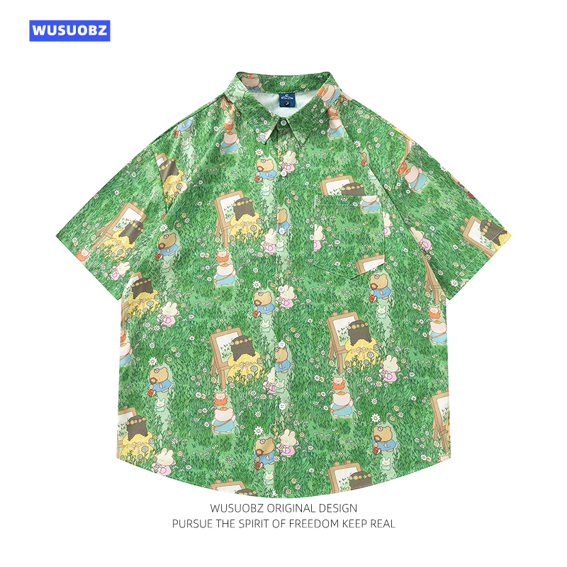 WUSUOBZ 创意卡通绿草小熊满印短袖衬衫夏季宽松情侣百搭休闲衬衣