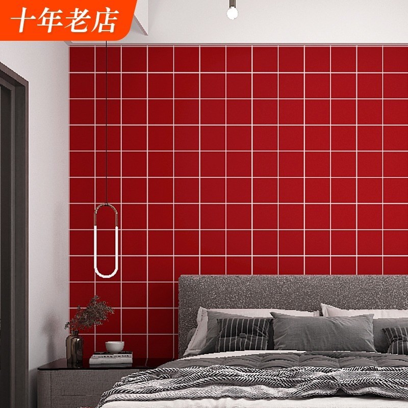 大红色墙纸深红纯色暗红玫红砖红卧室客厅酒红色背景复古格子壁纸