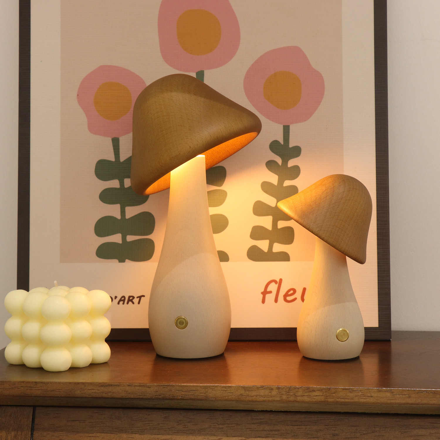 创意氛围床头卧室装饰扭头花瓶状蘑菇灯榉木实木自然摆件小夜