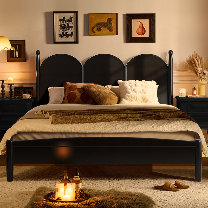 法式复古床黑色实木床现代简约1.8m双人床中古床主卧室美式床婚床