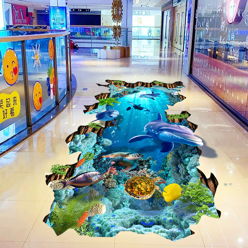 地画海豚海洋世界3d立体墙贴防水地板贴儿童房卧室客厅墙贴纸贴画