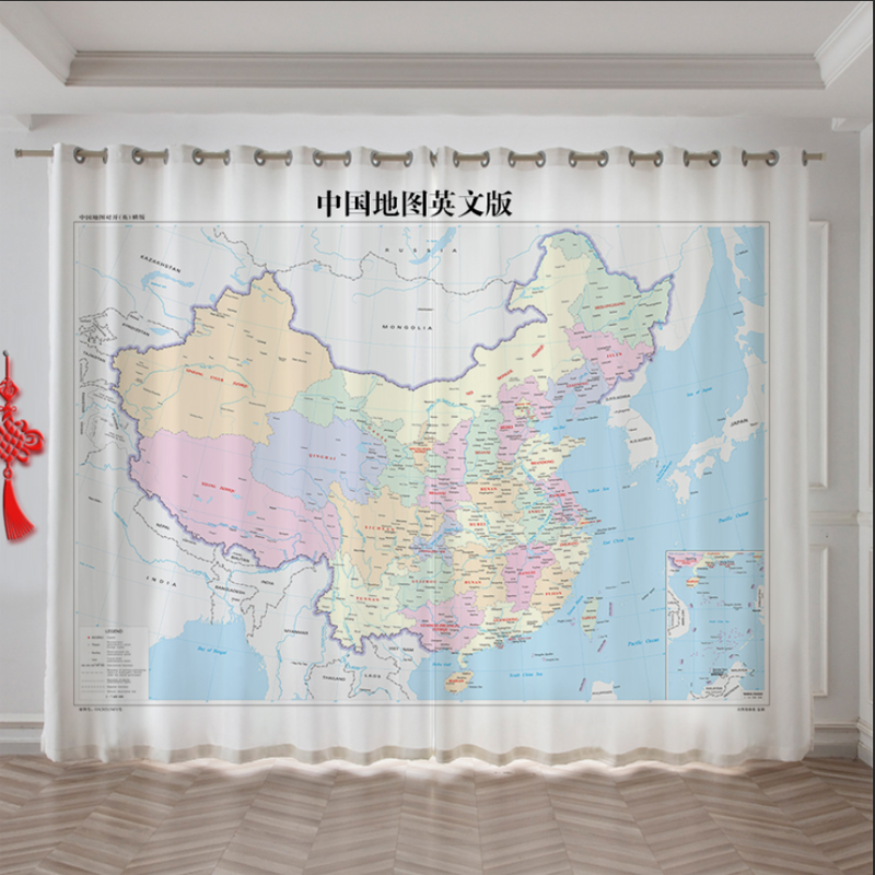 中国地图定制窗帘图案世界英文版高清高端大气客厅卧室背景布帘新