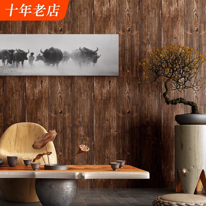 新中式墙纸复古风格仿真木纹木板原木色禅意仿古典茶室背景墙壁纸