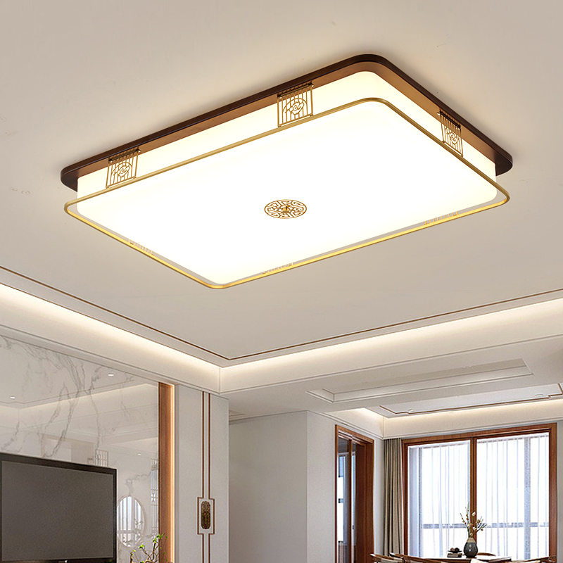 全铜新中式吸顶灯高端国风古典金丝檀木色长方形客厅灯简约卧室灯