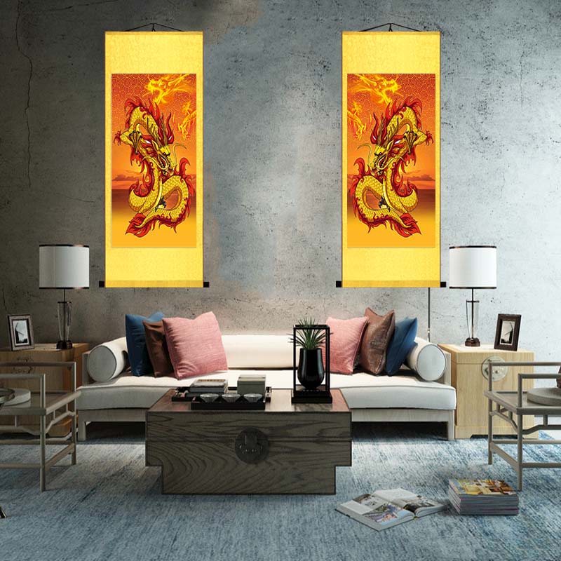 中国龙五爪金龙玄关中式客厅沙发背景墙丝绸卷轴装饰挂画